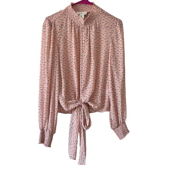 Rachel Zoe Pink Heart Print Mock Neck Long Sleeve Tie Front Blouse Size Small - Picture 1 of 9